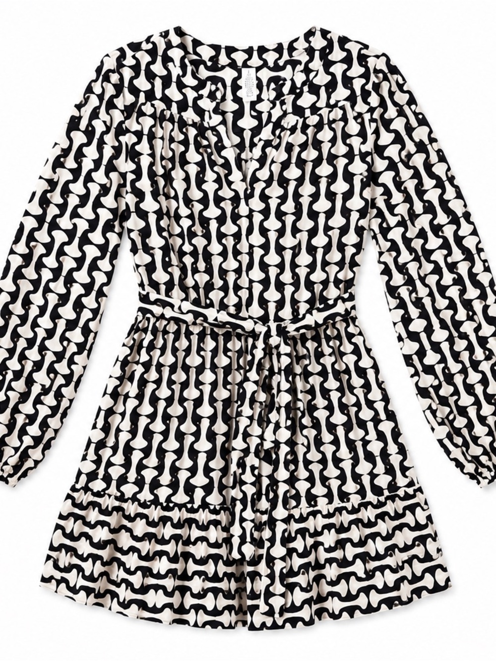 Jessica Simpson Black and Ivory Printed Long-Sleeve Boho Mini Dress Size Medium - Picture 3 of 5